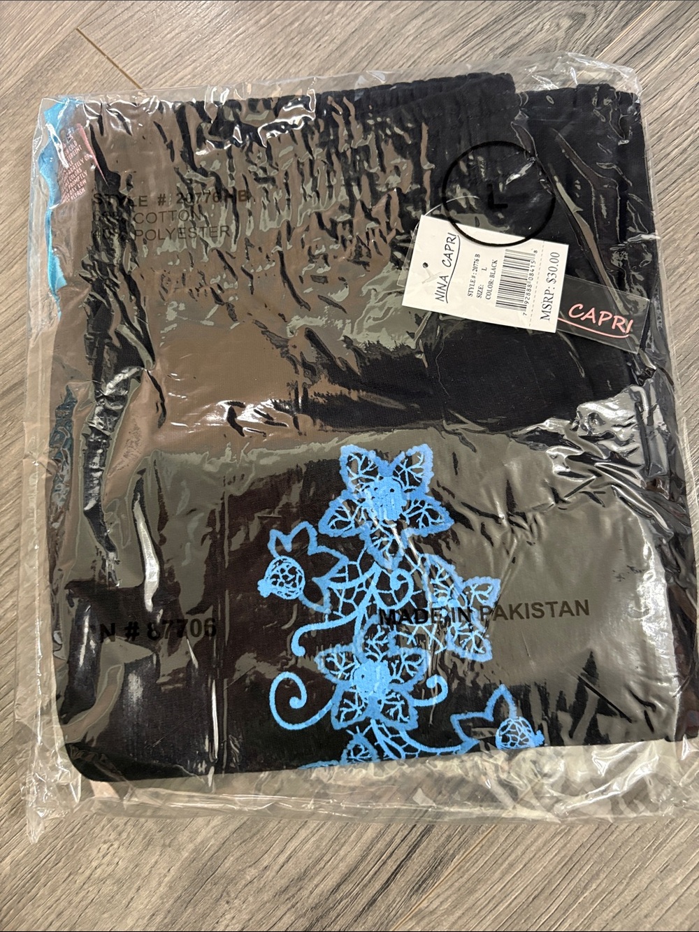 Nina Capri Black Sweat Pants with Blue Embroidering